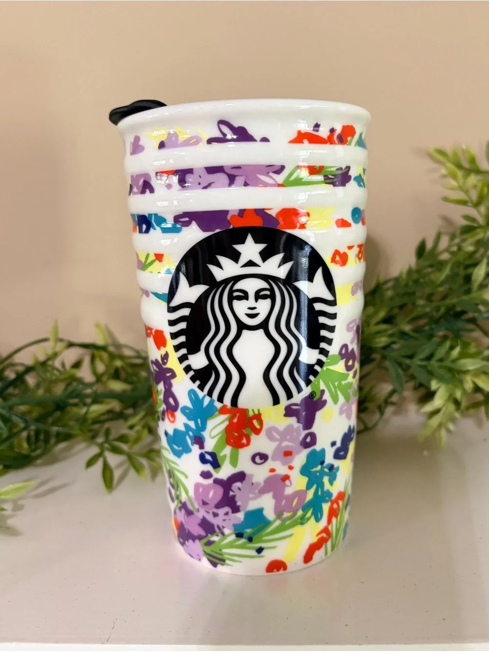 Starbucks 2016 Spring Floral Ceramic Travel Tumbler with Lid - Multicolor 10 oz
